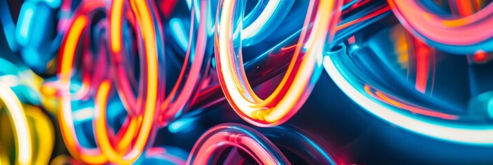 Wall Mural - A close-up photograph of neon lights creating abstract shapes and designs. The vibrant colors and blurred edges create a captivating and energetic visual