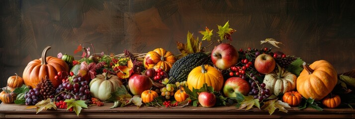 Canvas Print - A close-up view of a table overflowing with a variety of seasonal autumn produce, including pumpkins, apples, grapes, and gourds