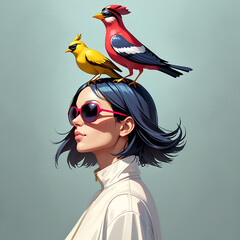 Wall Mural - A woman with sunglasses on her head is standing with a bird perched on her head.