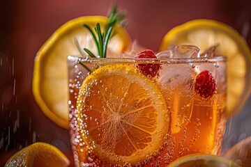 Wall Mural - Close-up of a refreshing beverage with orange slices, raspberries, and ice cubes garnished with a sprig of rosemary against a warm background.