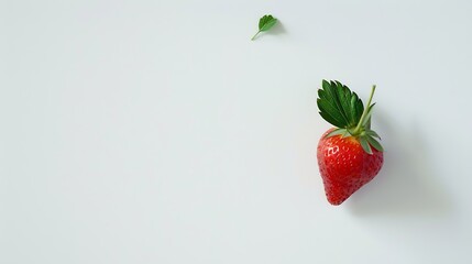 Poster - One fresh strawberry fruit with leaves isolated on white background Food concept Directly above : Generative AI