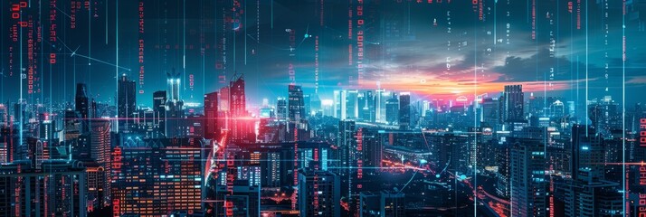 Wall Mural - A composite image of a futuristic city skyline with neon holograms and digital data streams, depicting a vibrant and technologically advanced urban environment