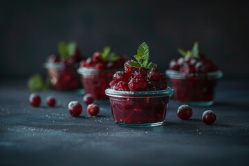 Wall Mural - Glistening fresh cranberries in glass bowls with mint leaves