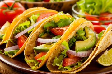 Fresh homemade tacos with vibrant vegetables and avocados