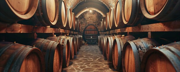 Wine barrels aging in a quiet, dark cellar