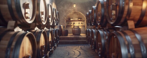 Poster - Interior of a wine cellar with rows of barrels