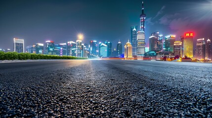 Poster - Asphalt road and modern city skyline with buildings in Hangzhou at night : Generative AI