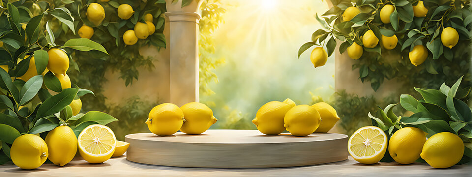  Background lemon podium product fruit platform cosmetic scene display citrus yellow. Podium lemon vitamin stand background pedestal presentation food stage summer juice  beauty dry natural wood drink