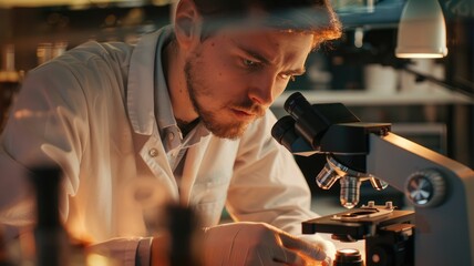 Poster - A scientist is deeply engrossed in examining a specimen under a microscope in a modern laboratory setting AIG58