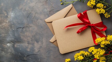 Wall Mural - Romantic vintage background of blank card envelope yellow flowers and gift wrap with a red bow Copy space view from above : Generative AI
