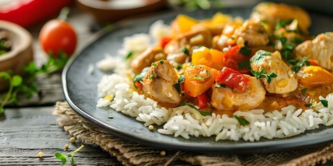 Sticker - Plated Chicken Fricassee with Rice. Concept Recipe, Cooking method, Chicken dish, Dinner idea