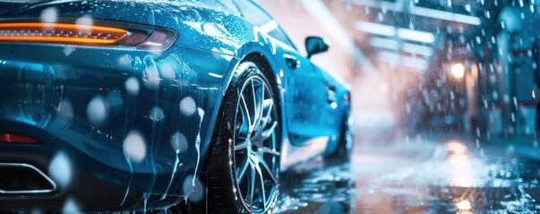 Modern blue luxury sport  car in a car wash with foam, transport concept banner. Generative AI.