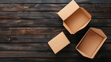 Aufkleber - Open and closed carton boxes isolated on dark timber backgroundTop view : Generative AI
