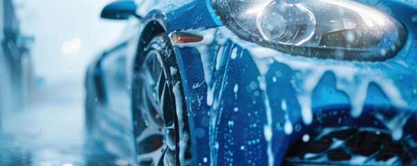 Modern blue luxury sport  car in a car wash with foam, transport concept banner. Generative AI.