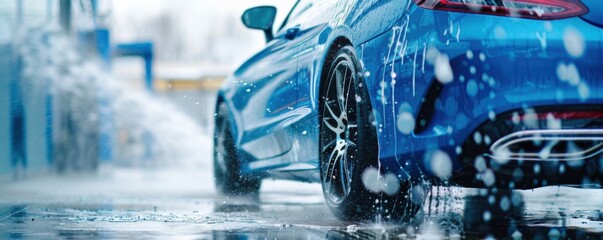 Modern blue luxury sport  car in a car wash with foam, transport concept banner. Generative AI.