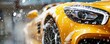 © annamaria - Modern yellow luxury sport  car in a car wash with foam, transport concept banner. Generative AI.