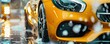 © annamaria - Modern yellow luxury sport  car in a car wash with foam, transport concept banner. Generative AI.