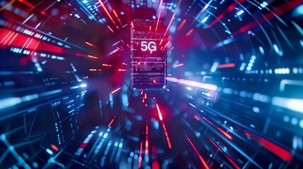 Futuristic 5G connectivity concept visualized in bright colors. High-tech digital communication network illustration shows advanced technology with dynamic light trails. AI