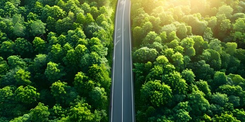 Wall Mural - Aerial view of forest road with sun flares highlighting sustainability values. Concept Nature Conservation, Aerial Photography, Sustainability, Forest Preservation, Sun Flares