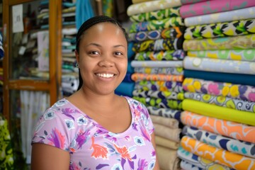 Small business owner smiling in fabric store