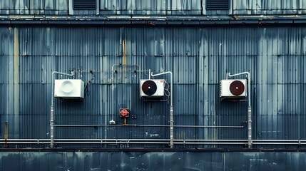 Wall Mural - Industrial building with steel roof construction and  installed exhaust fans on the wall and with hydrant installation : Generative AI