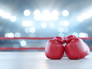 Red boxing gloves placed in the center of a boxing ring under bright stadium lights, symbolizing strength and competition.