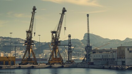 Poster - Industrial port cranes at the afternoon in Marseille France : Generative AI