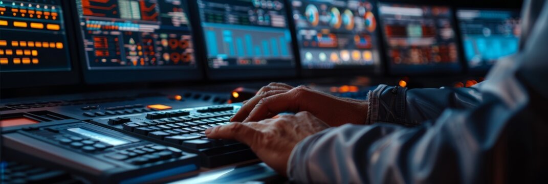 A close-up shot of a technicians hands typing on a keyboard in a brightly lit data center control room. Multiple monitors displaying data and graphs are visible in the background
