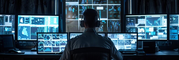 Wall Mural - A cybersecurity expert works in a dimly lit room, analyzing data on multiple computer screens