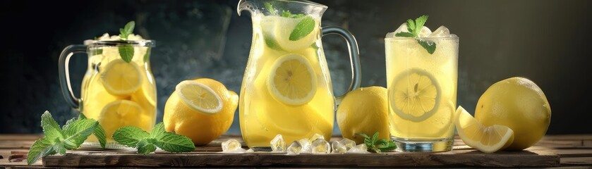 Wall Mural - Refreshing lemonade with ice and mint in glass pitcher and jar, fresh lemons on rustic wooden table, dark background.