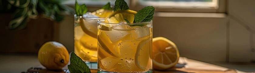 Wall Mural - Refreshing lemon iced tea with mint leaves in a glass, perfect for summer. Sunlight streaming through the window adds warmth to the scene.