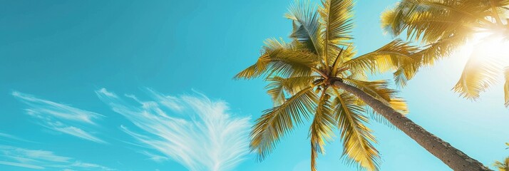 Wall Mural - A low angle view of palm trees swaying in the breeze against a clear blue sky. The sun shines brightly, casting a warm glow on the scene