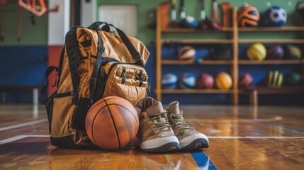 A school bag next to a pair of sneakers on a gym floor with sports equipment nearby