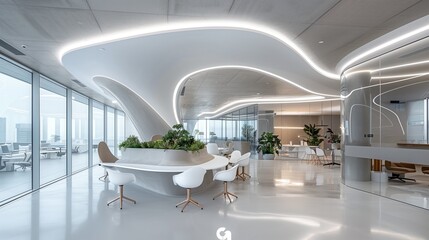 Poster - The office space of the future, with a white curved ceiling containing light strips and plants