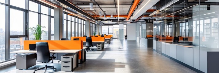 A modern office with cubicles and ergonomic chairs,is bright in natural light.Large windows and orange accents add to the sleek, contemporary design