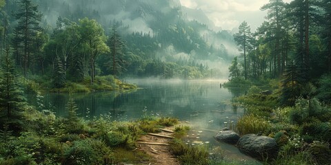Wall Mural - Misty Morning by the Lake