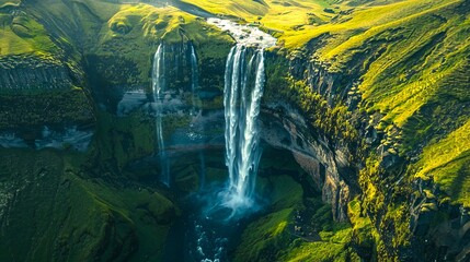 Wall Mural - Majestic waterfall cascading from lush green cliffs into a serene blue pool. The stunning landscape suggests tranquility and natural beauty.