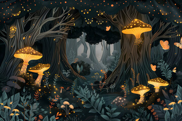 Wall Mural - A whimsical illustration of a magical forest with glowing mushrooms, fairies fluttering around, and ancient trees with intricate details, creating an enchanting atmosphere