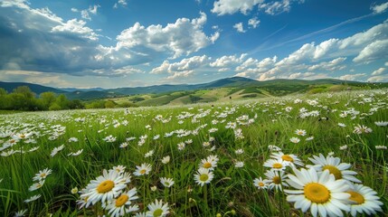 Picturesque hilly landscape with fields of daisies, capturing the essence of springtime beauty