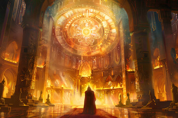 Wall Mural - A detailed illustration of a human cleric invoking a healing spell, with divine light radiating from their hands, set in a sacred temple adorned with religious symbols