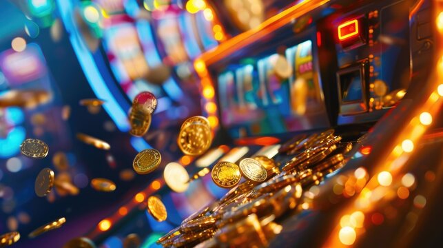 Overflowing slot machine with coins cascading out, set against a lively casino backdrop