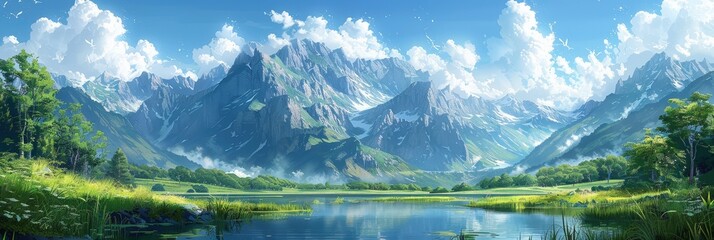 Wall Mural - Mountain Landscape with Lake and Meadow