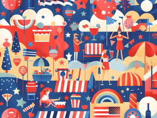 Colorful, festive illustration celebrating American culture with various elements in red, white, and blue. Vibrant and playful summer scene.