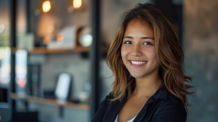 Wall Mural - A woman with long brown hair is smiling and posing for a picture