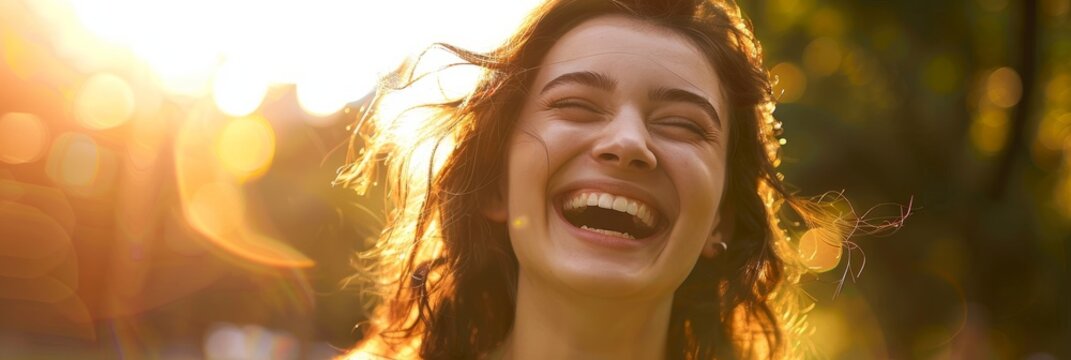 A close-up portrait of a young woman with long hair laughing joyfully in a city park, bathed in soft natural sunlight