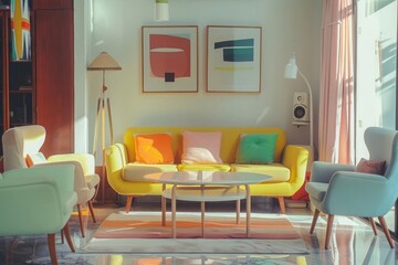 A retro living room surrounded by pastel furniture