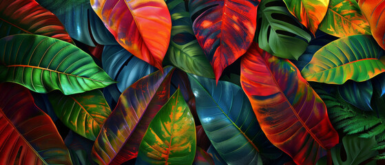 Vibrant tropical leaves with a stunning array of colors and textures create a lush, exotic tapestry that captivates the senses.