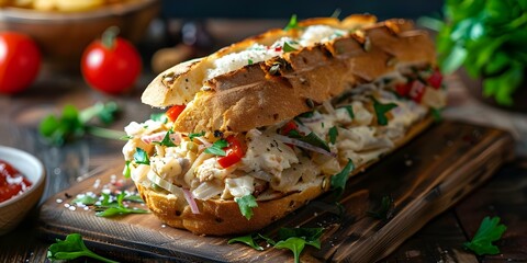 Wall Mural - Classic fricassee sandwich rich flavors delicious textures culinary experience in every bite. Concept Sandwich, Fricassee, Rich Flavors, Delicious Textures, Culinary Experience