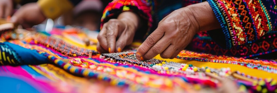 Close-up of artisans hands meticulously creating traditional crafts with intricate details at a cultural fair