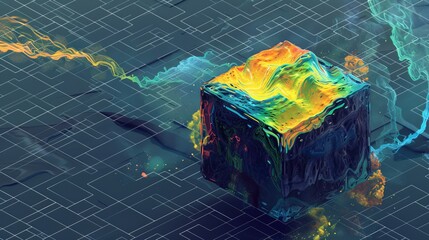 Aufkleber - Colorful mysterious cubic form floating in abstract digital matrix landscape. Conceptual digital art displays a mix of vibrant hues and geometric patterns. 